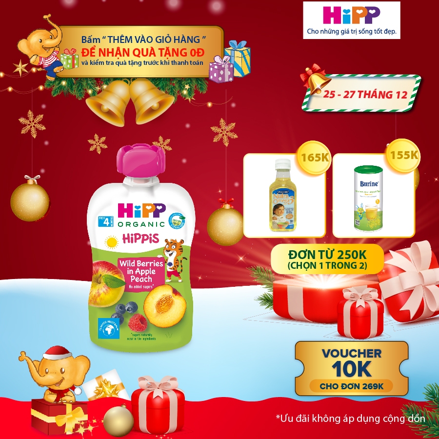 Dinh dưỡng 100% Trái cây nghiền Organic HiPPiS Dâu rừng, Táo, Đào 100g