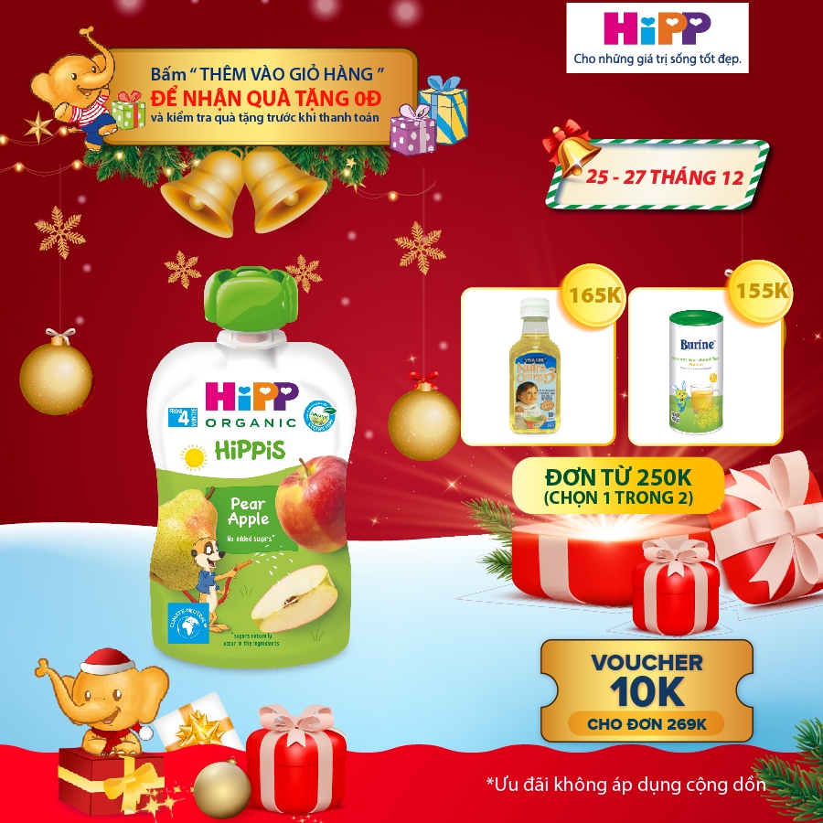 Dinh dưỡng 100% Trái cây nghiền Organic HiPPiS Lê, Táo 100g - Nhập khẩu Áo