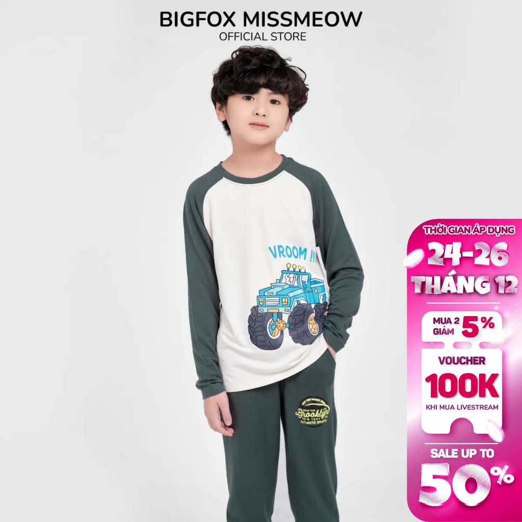Áo dài tay bé trai Bigfox - Miss Meow thu đông chất nỉ size trẻ em phong cách Âu Mỹ hình in vroom 3-11 tuổi