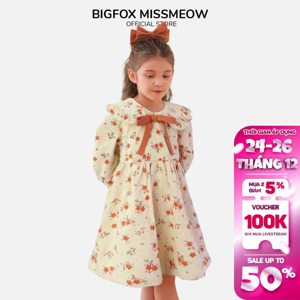 Váy bé gái BIGFOX - MISS MEOW vải nhung hoa xinh xắn cổ bèo phối nơ tiểu thư công chúa size trẻ em 3 -11 tuổi