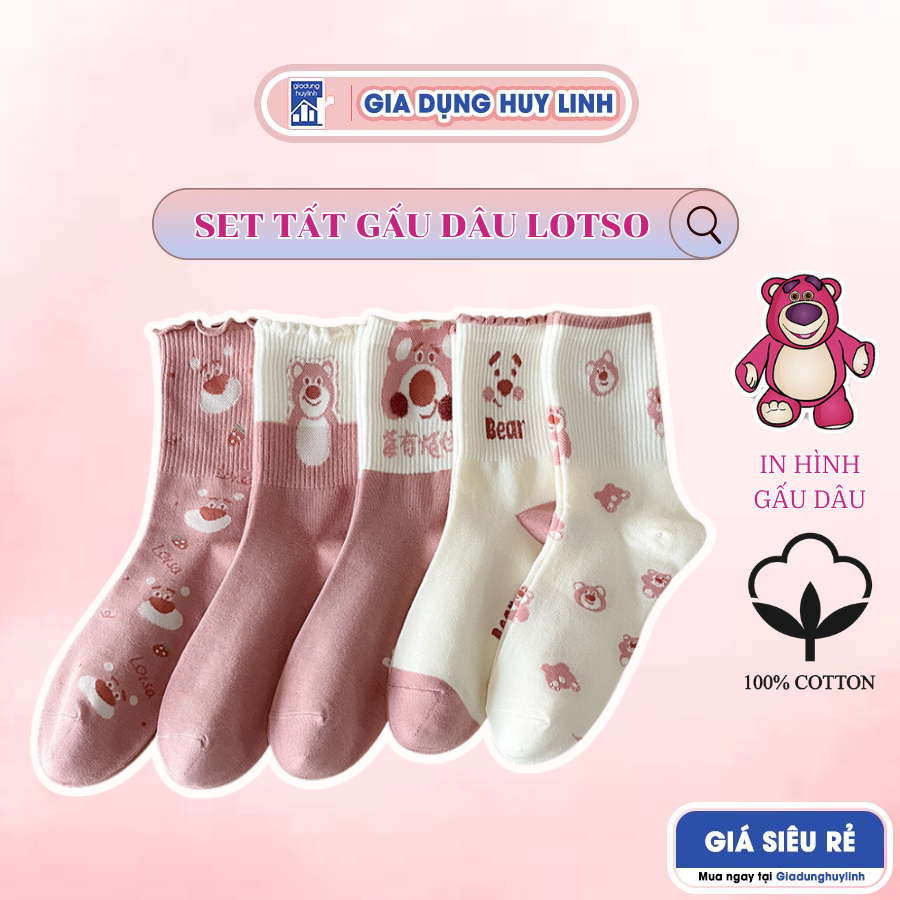 Set 10 Đôi Tất Cao Cổ Nữ Hình Gấu Dâu Lotso, Tất cổ cao nữ siêu đáng yêu kèm túi đựng, Vớ gấu dâu cao cổ