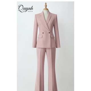 Set vest nữ blazer công sở QUYNH Design cao cấp thiết kế chiết eo dáng dài túi trước màu hồng