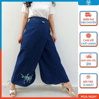 Quần chống nắng nữ cao cấp vải jean dày dặn có nút bấm chân thêu hoa Thạch thảo JHTQ05 H&T FASHION