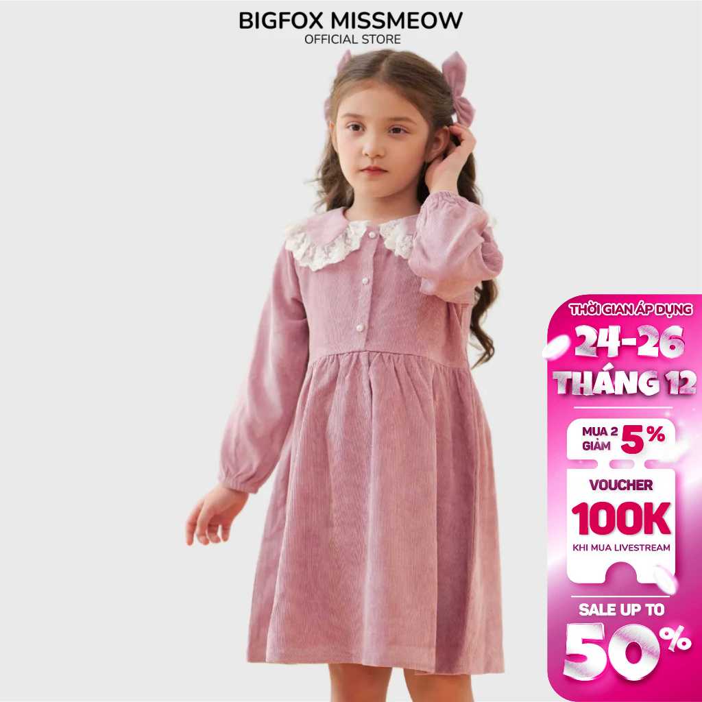 Váy bé gái Bigfox - Miss Meow mùa thu đông chất nhung tăm cổ ren công chúa xinh xắn màu hồng size trẻ em 3 -11 tuổi