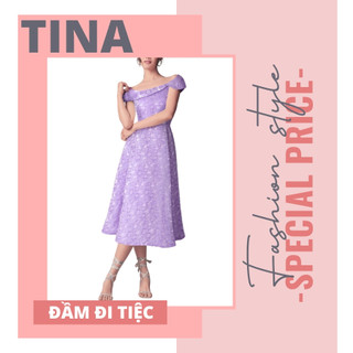 Đầm đi tiệc KATOSA dáng xòe midi tafta gấm nổi cổ bẹt vai, hai túi sườn sang trọng, Váy xòe sát nách cổ hở dáng qua gối
