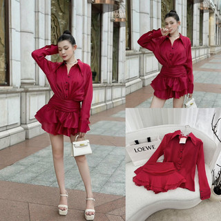 Set sơ mi voan đỏ + cv xếp ly eo bèo tầng ❄️