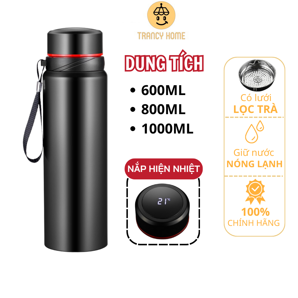 Bình giữ nhiệt hiển thị nhiệt độ TRANCY HOME cao cấp có nắp lọc trà, bình đựng nước tiện lợi lõi ino
