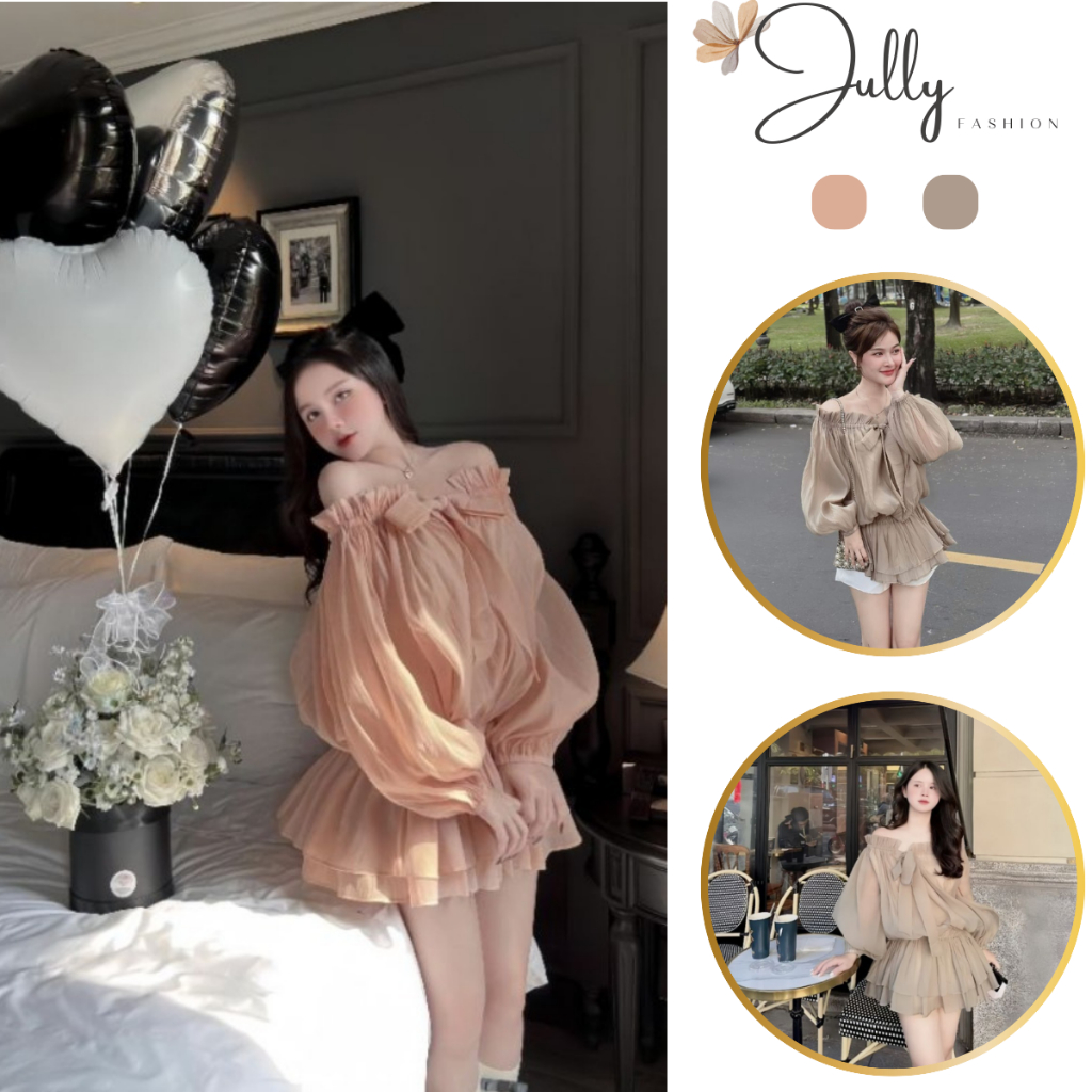 Set áo Babydoll trễ vai nhún eo kèn quần, set áo chất voan tơ siêu xinh