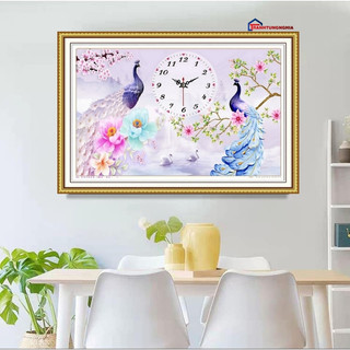 Tranh đính đá đồng hồ đôi công 75cm x 50cm