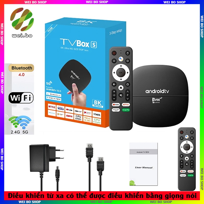 4K Android TV Box Hỗ Trợ Kiểm Soát Giọng Nói Việt Wifi 4G Bluetooth Băng Tần Kép Tivi Box 100+ Kênh Miễn Phí Tầm nhìn 3D