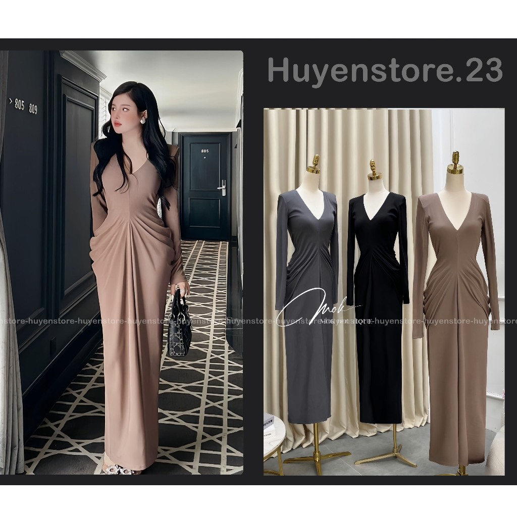 Váy Body Dáng Dài Cổ V, Đầm Body Dáng Dài Thiết Kế Nhún Eo Tiểu Thư Sang Chảnh huyenstore