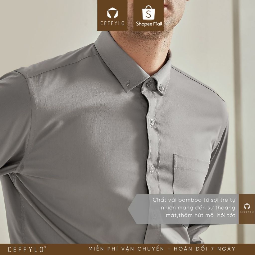 Áo Sơ Mi Nam Dài Tay Họa Tiết Chìm Ceffylo Màu Xám Nhạt Chất Liệu Bamboo Cao Cấp Thoáng Mát Chống Nhăn Tốt Form Slimfit