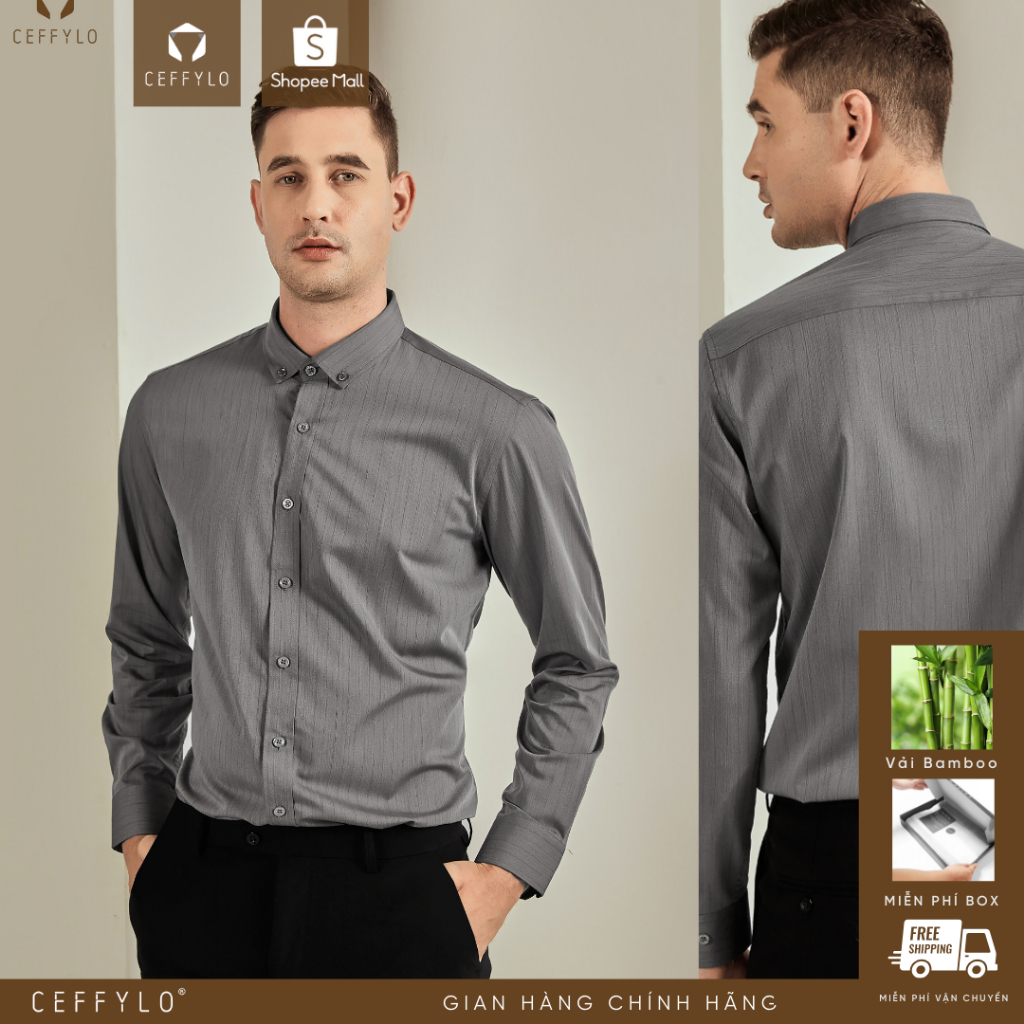 Áo Sơ Mi Nam Dài Tay Họa Tiết Kẻ Ceffylo Chất Liệu Bamboo Cao Cấp Màu Xám Chống Nhăn Tốt Form Slimfit Thời Trang