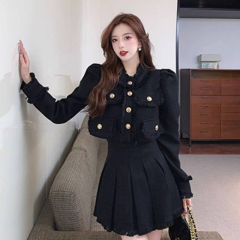 Sét dạ tua rua cúc đồng cổ tàu chân váy xếp ly dáng ngắn hàng 2 lớp xịn xò LD685