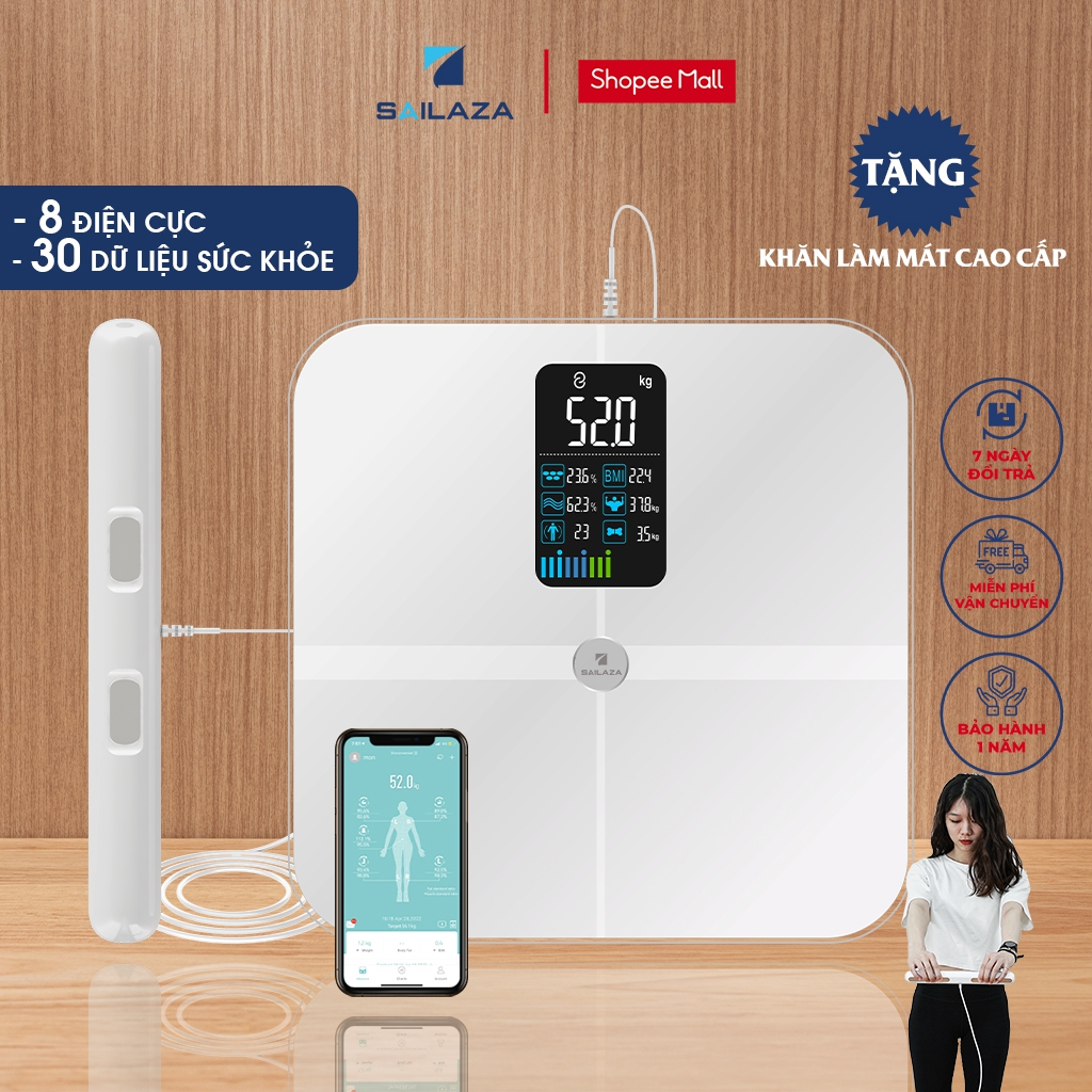Cân Điện Tử Thông Minh cao cấp 8 điện cực Chính Hãng Sailaza SA-2312, đo 30 dữ liệu sức khỏe