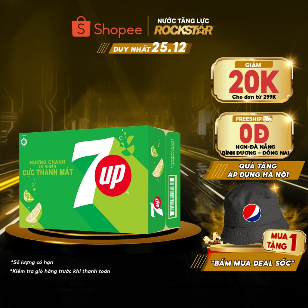 Thùng 24 Chai Nước Ngọt Có Gaz 7Up (390ml/chai)
