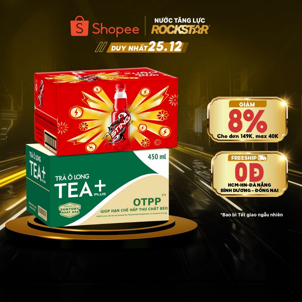 Combo 1 Thùng 24 Chai Sting Dâu và 1 Thùng 24 Chai Tea+ (330ml và 450ml/chai)