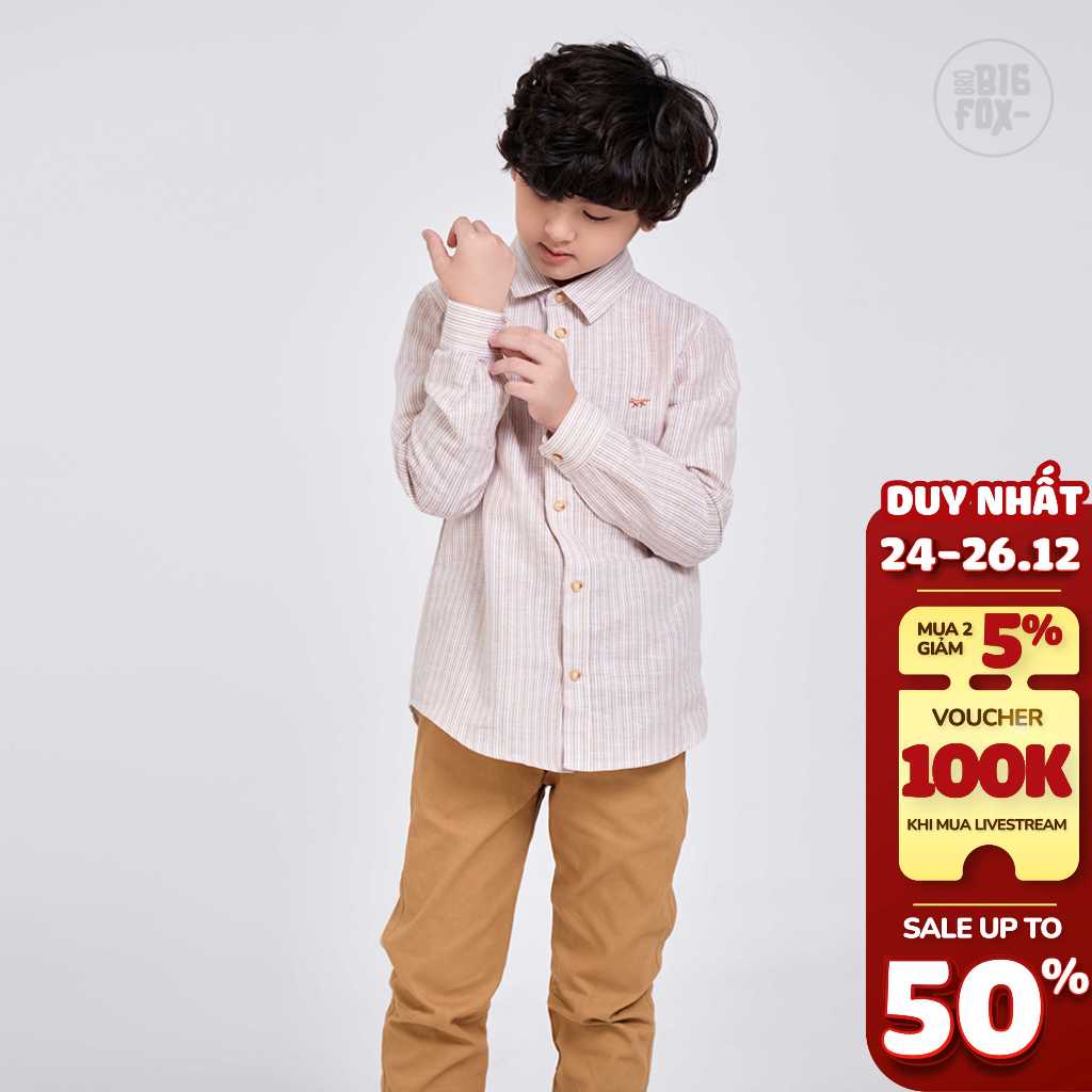 Áo sơ mi cho bé trai Bigfox-MissMeow, Chất liệu linen mềm mịn, họa tiết kẻ sọc cá tính, mặc chúc tết du xuân 5 – 11 tuổi