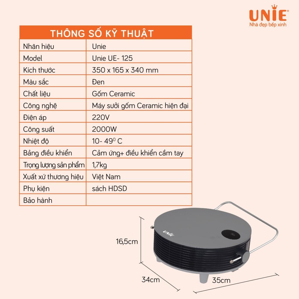 Máy Sưởi Gốm Unie UE-125, Công Suất 2000w - 3 Chế Độ Sưởi, BH Chính Hãng 1 Năm