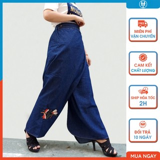 Váy chống nắng dạng quần thông minh vải jean dày có nút bấm chân thêu Chuồn chuồn JHTQ03 H&T FASHION