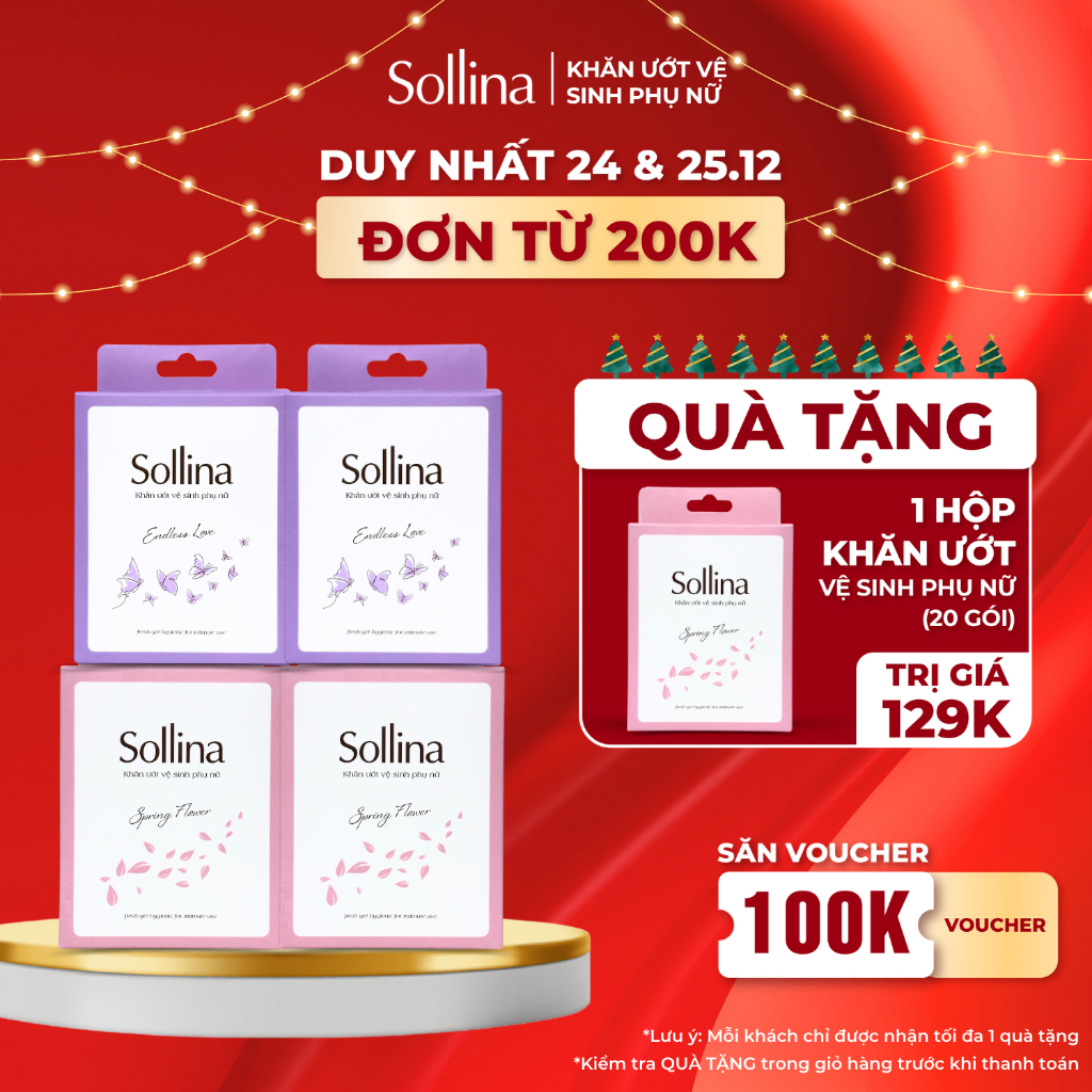 Combo 4 hộp khăn giấy ướt vệ sinh phụ nữ Sollina độ ẩm vừa phải giúp vùng kín khô thoáng dễ chịu - 20 gói/hộp