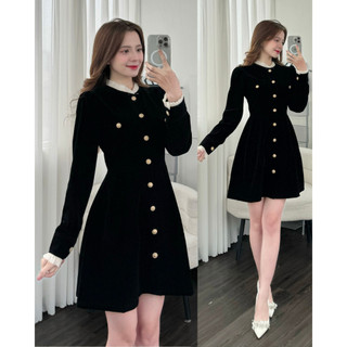 Váy nhung cổ bèo khuy đồng tiểu thư sang chảnh Maia Vaynhungcobeo3550 P0K28