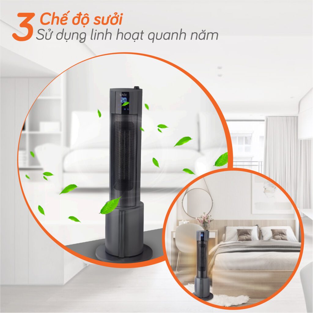 Máy Sưởi Gốm Unie UE129, Công Suất 2200w - Thiết Kế Tháp Sang Trọng, BH Chính Hãng 1 Năm