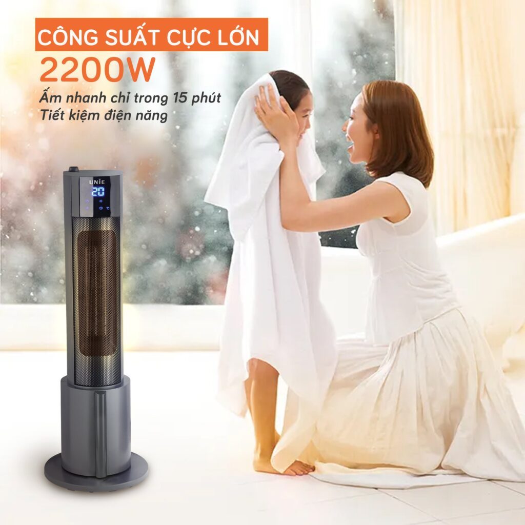Máy Sưởi Gốm Unie UE129, Công Suất 2200w - Thiết Kế Tháp Sang Trọng, BH Chính Hãng 1 Năm
