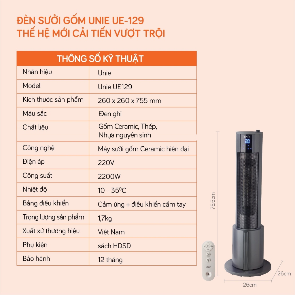 Máy Sưởi Gốm Unie UE129, Công Suất 2200w - Thiết Kế Tháp Sang Trọng, BH Chính Hãng 1 Năm