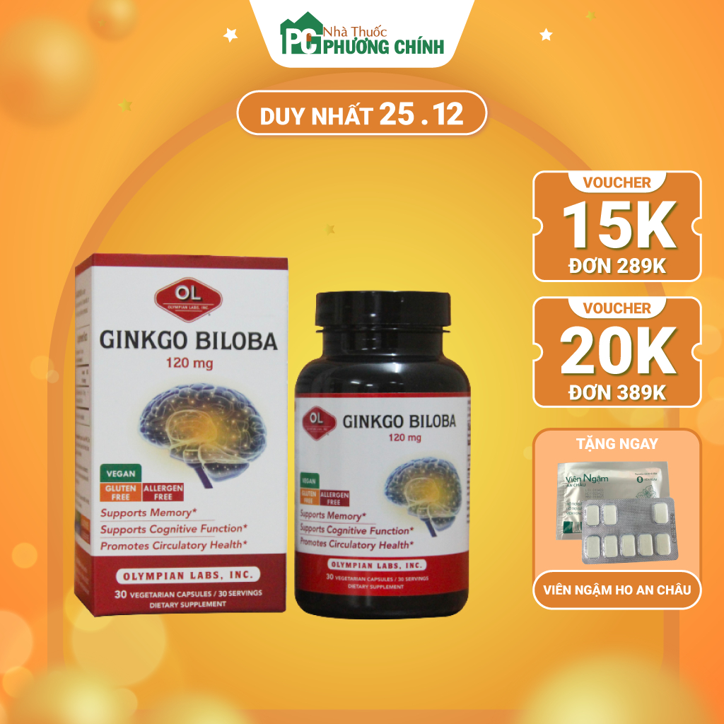 Viên Uống Bổ Não Ginkgo Biloba Olympian Labs - Giúp Cải Thiện Tuần Hoàn Máu Não, Giảm Hoa Mắt, Chóng Mặt, Đau Đầu
