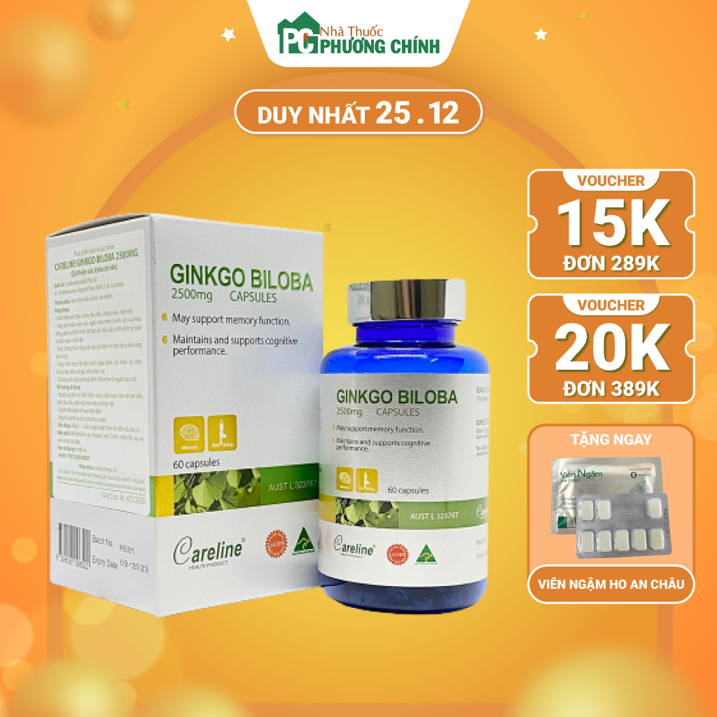 Viên Uống Bổ Não Úc Ginkgo Biloba CareLine 2500mg - Hỗ Trợ Tăng Cường Tuần Hoàn Não, Giảm Hoa Mắt Chóng Mặt, Đau Đầu