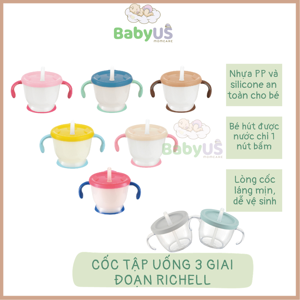 Cốc tập uống 3 giai đoạn cốc ống hút Richell CHÍNH HÃNG [BabyUS]