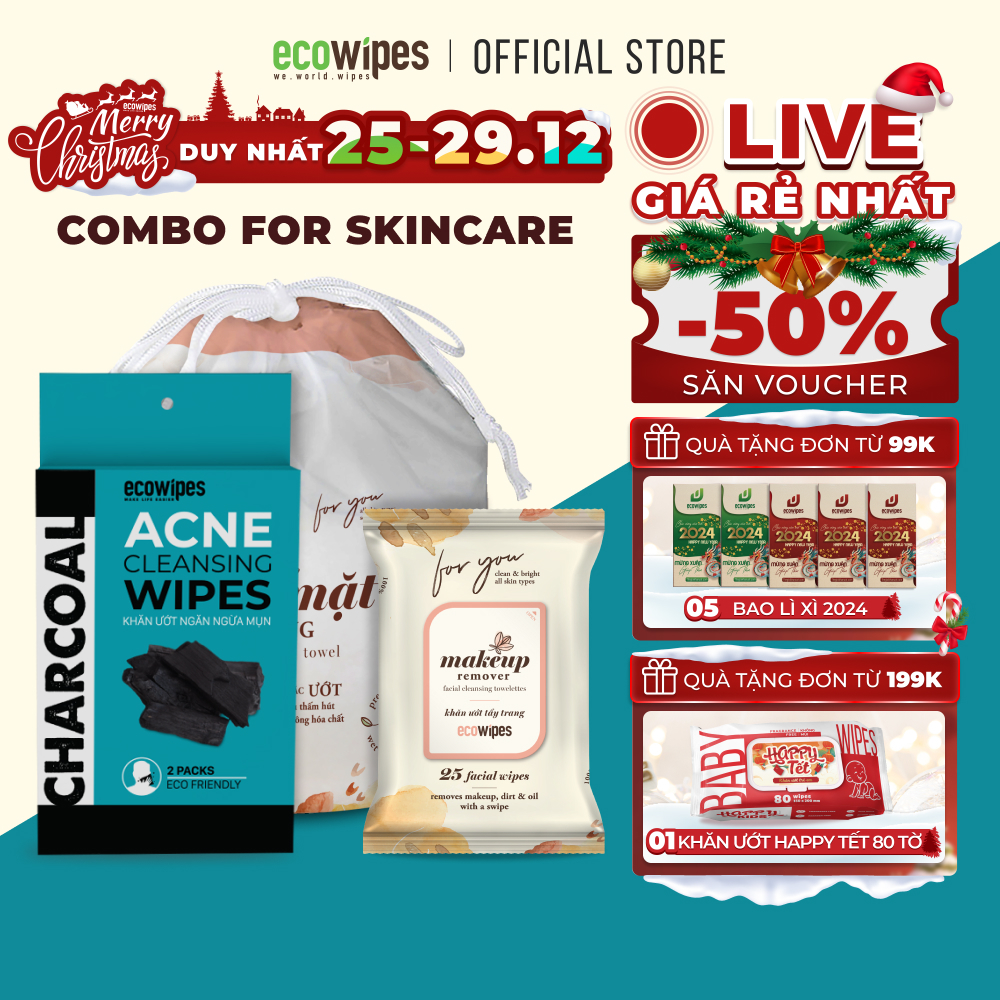 Combo for Skincare gồm gói tẩy trang 25 tờ, khăn mặt khô đa năng túi 80 tờ và hộp 2 gói khăn ngừa mụn EcoWipes