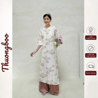 Set áo dài tết thuongboo họa tiết hoa sen truyền thống nhẹ nhàng chất tơ đũi hàn mềm nhẹ mát - liên hoa
