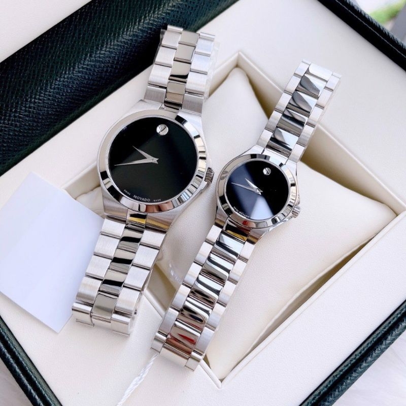 Đồng Hồ Cặp nam nữ Mova.doo mặt tròn đen dây trắng silver cao cấp siz 26, 40mm