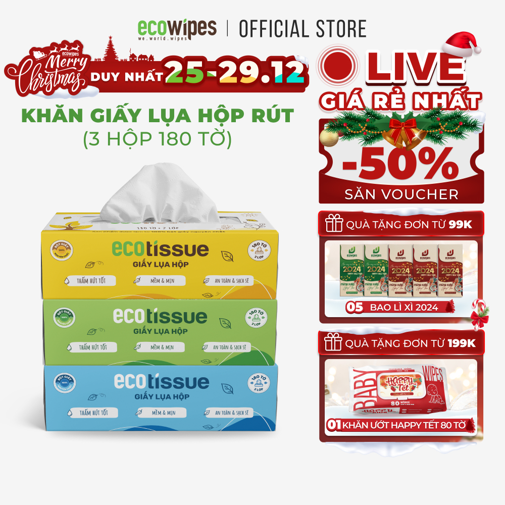 Combo 03 hộp khăn giấy rút khăn ăn cao cấp Ecotissue hộp 180 tờ tiết kiệm mềm mịn dai thấm hút tốt an toàn cho da