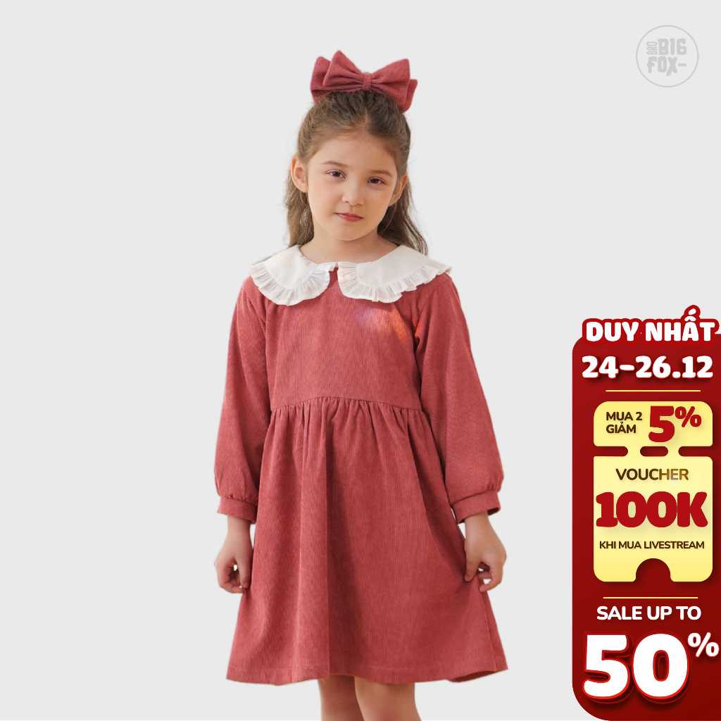 Váy thu đông cho bé gái Bigfox Miss Meow vải nhung tăm phối cổ sen tiểu thư xinh đẹp size đại cho trẻ em gái 3-11 tuổi