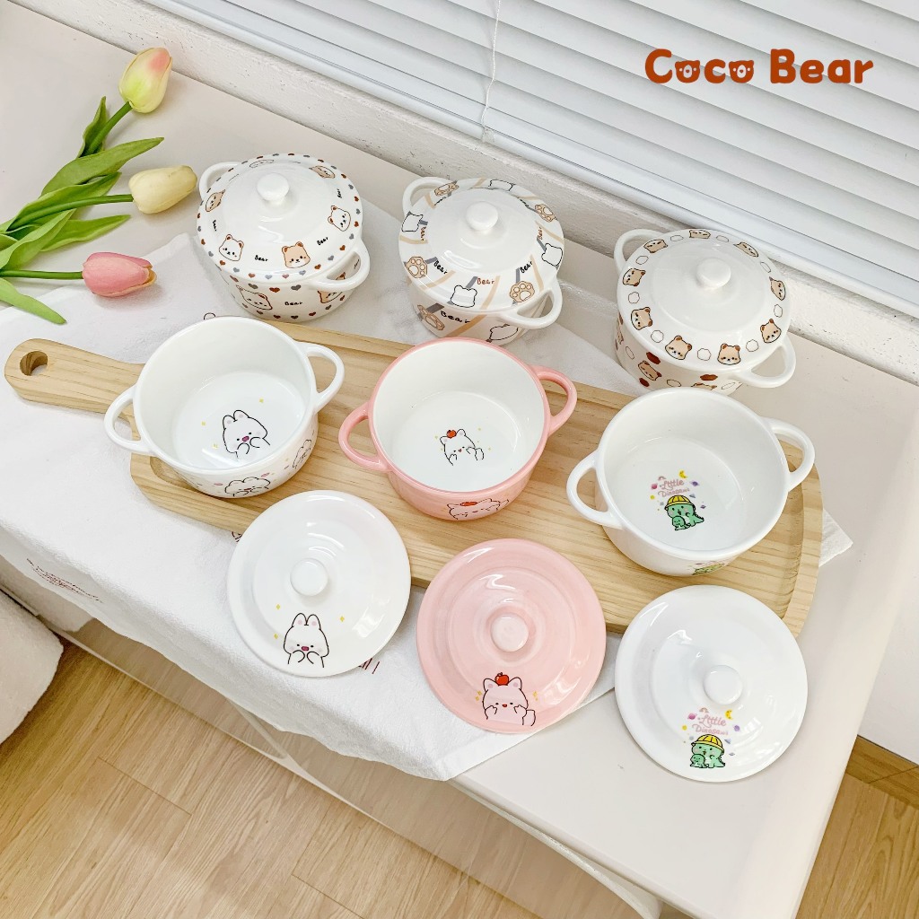 Bát Ăn Dặm Gốm Sứ Hình Nồi Họa Tiết Có Nắp Cho Bé 200ml YEUBEVN