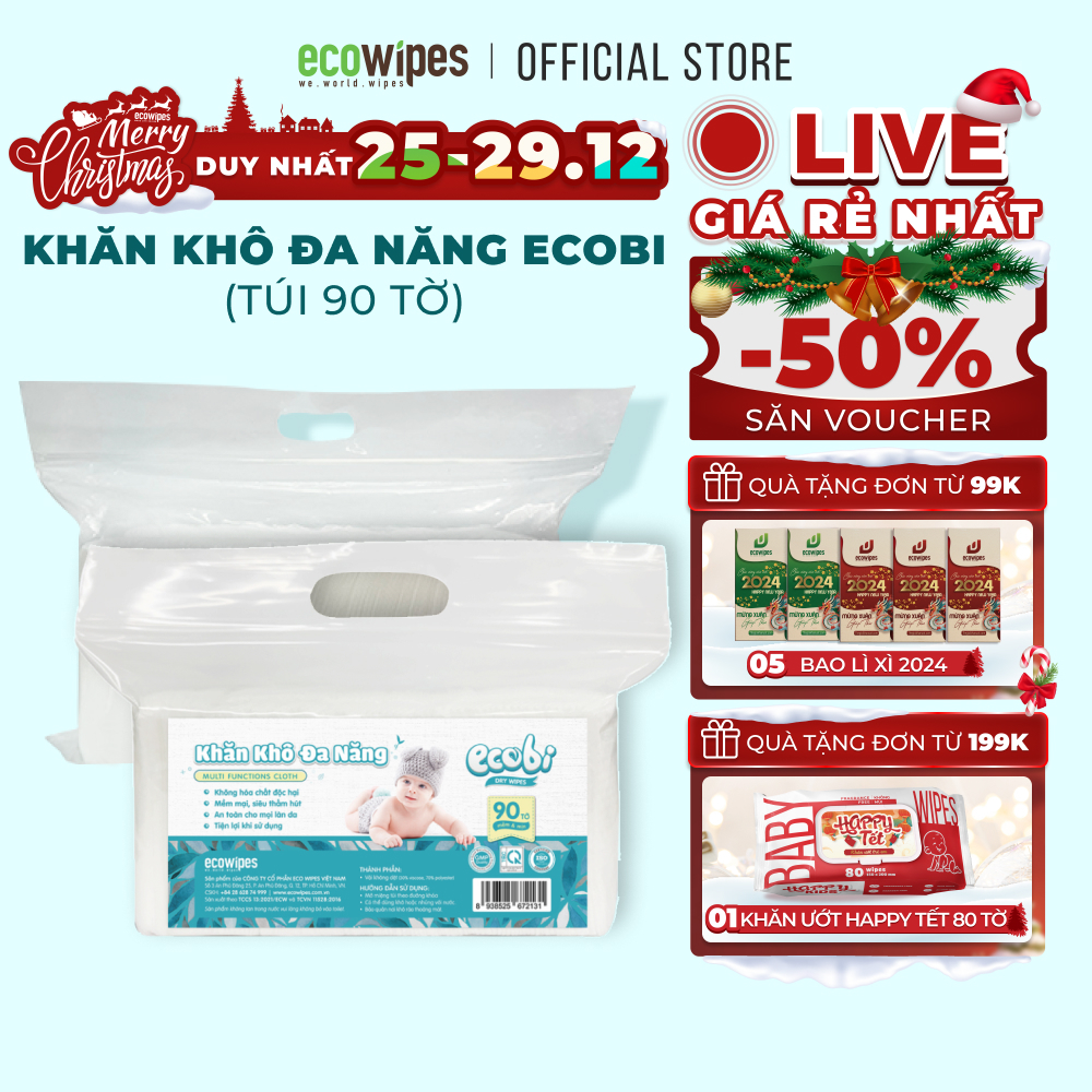 Khăn vải khô đa năng cao cấp an toàn cho bé Ecowipes túi 90 tờ 120g siêu tiết kiệm mềm mịn dai thấm hút tốt