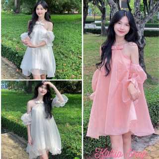 Váy trễ vai tay bồng , váy nữ xinh  trễ vai dáng xòe 2 lớp, váy voan tơ tay bồng siêu xinh