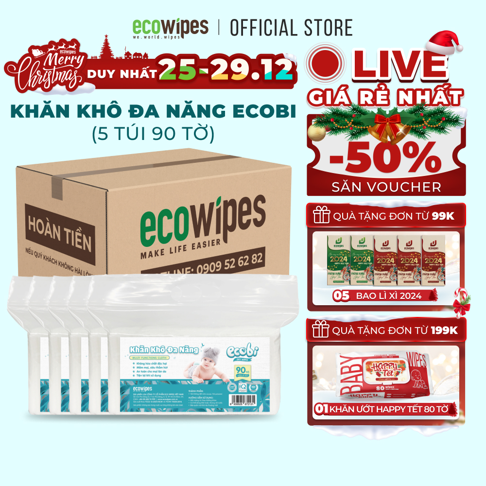 Combo 05 túi khăn vải khô đa năng cao cấp an toàn cho bé Ecowipes túi 90 tờ 120g siêu tiết kiệm mềm mịn dai thấm hút tốt