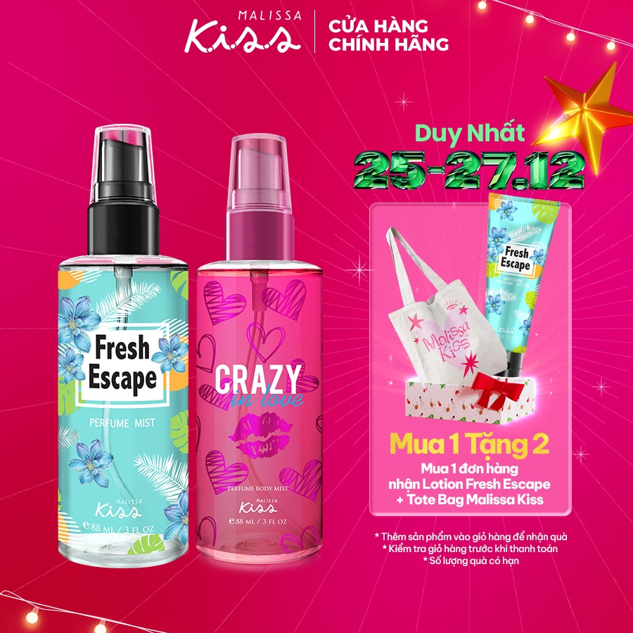 Bộ Đôi Mùi Hương Nước Hoa Malissa Kiss Body Mist Crazy In Love + Fresh Escape