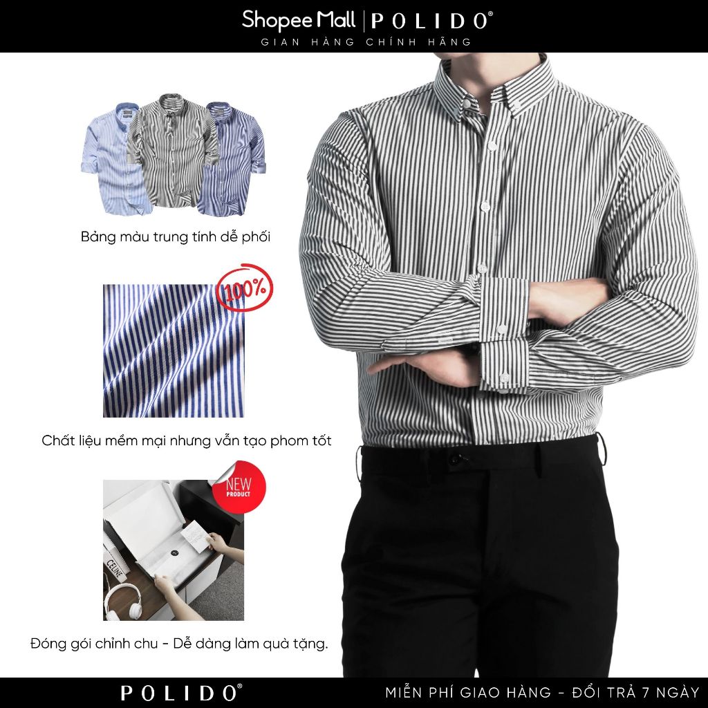 Áo Sơ Mi Nam Cotton Kẻ Sọc Polido Chất Thoáng Mát Co Giãn Form Slimft Thấm Hút Mồ Hôi Thời Trang Nam Công Sở Hiện Đại