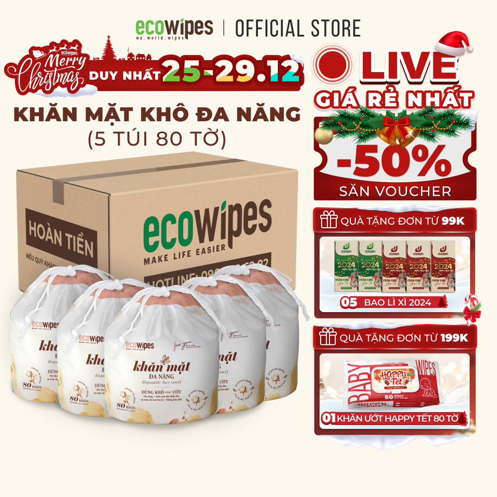 Combo 05 cuộn khăn mặt khô đa năng cao cấp EcoWipes cuộn 80 tờ 345g không mùi size khăn 20x20cm siêu tiết kiệm