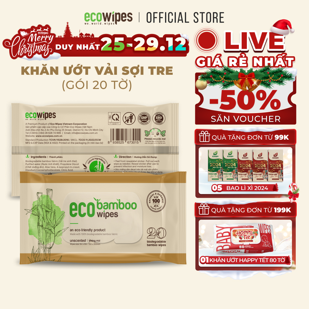 Khăn giấy ướt cao cấp vải sợi tre kháng khuẩn EcoBamboo EcoWipes gói 20 tờ không mùi an toàn cho da nhạy cảm da mụn