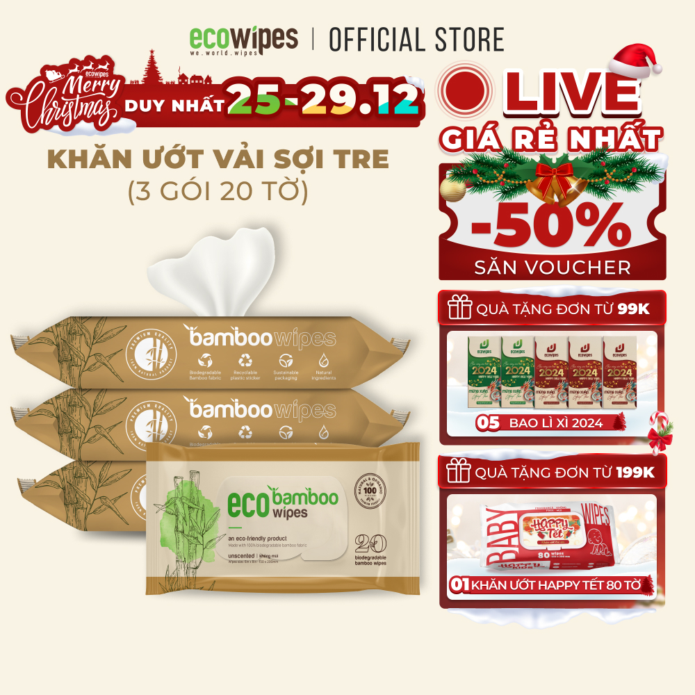 Combo 03 gói khăn giấy ướt cao cấp vải sợi tre kháng khuẩn EcoBamboo Ecowipes gói 20 tờ không mùi an toàn cho da