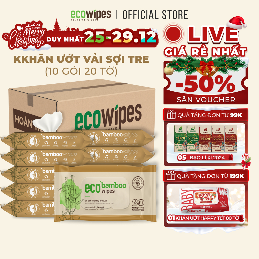 Combo 10 gói khăn giấy ướt cao cấp vải sợi tre kháng khuẩn EcoBamboo Ecowipes gói 20 tờ không mùi an toàn cho da