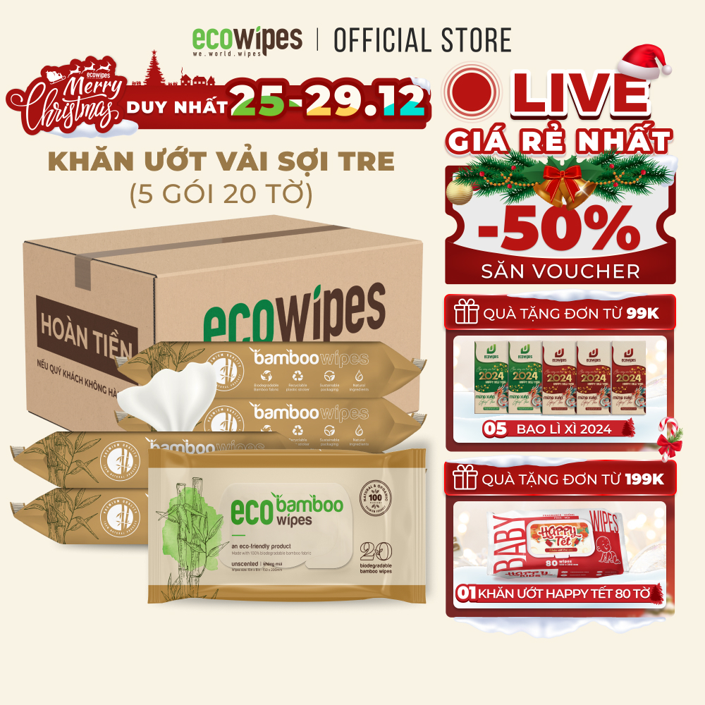 Combo 05 gói khăn giấy ướt cao cấp vải sợi tre kháng khuẩn EcoBamboo Ecowipes gói 20 tờ không mùi an toàn cho da