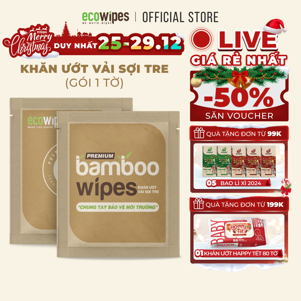 Khăn giấy ướt cao cấp vải tre sinh thái kháng khuẩn EcoBamboo EcoWipes travel size Premium gói 1 tờ an toàn cho da