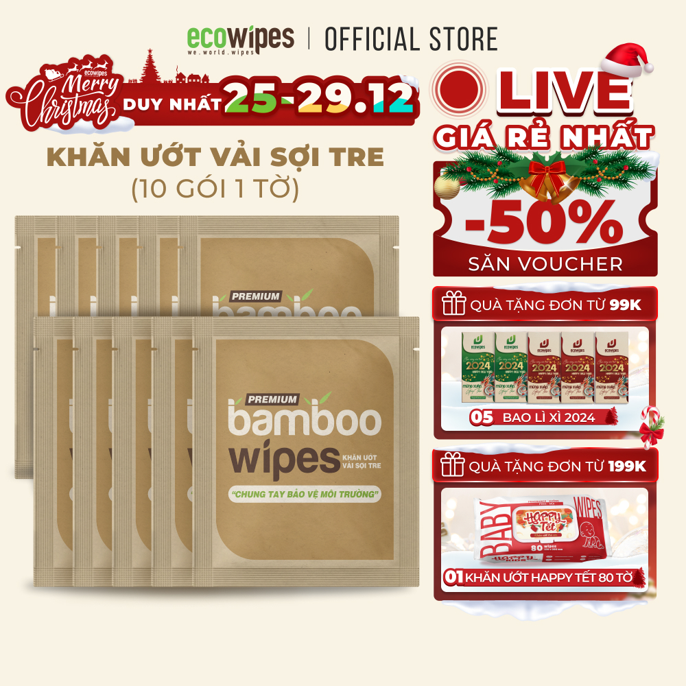 Combo 10 gói khăn giấy ướt cao cấp vải tre sinh thái kháng khuẩn EcoBamboo EcoWipes travel size Premium gói 1 tờ